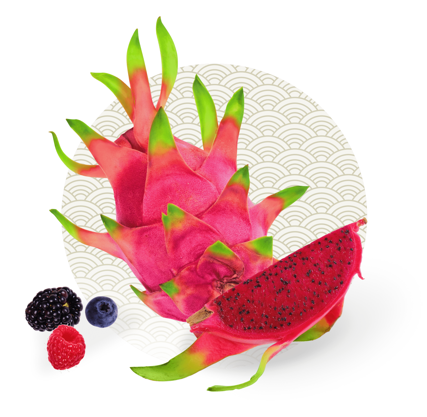 Dragon fruit rests beside berries on a plate.
