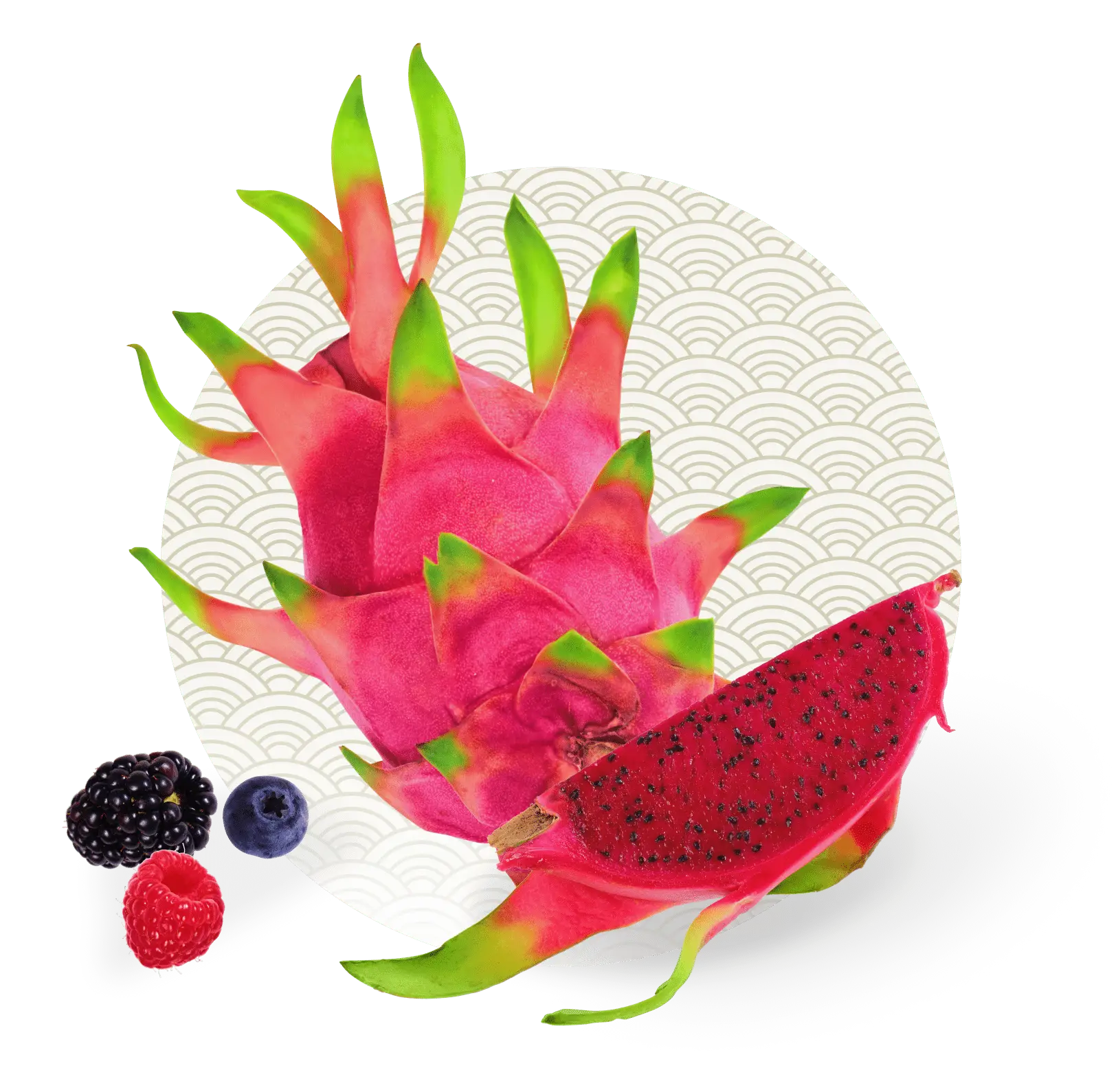 Dragon fruit rests beside berries on a plate.
