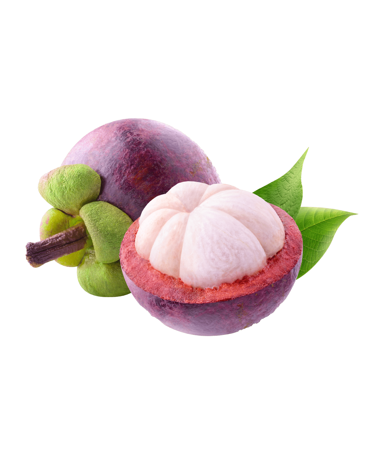 Mangosteen halved, revealing white segments; rests on dark background with leaves.