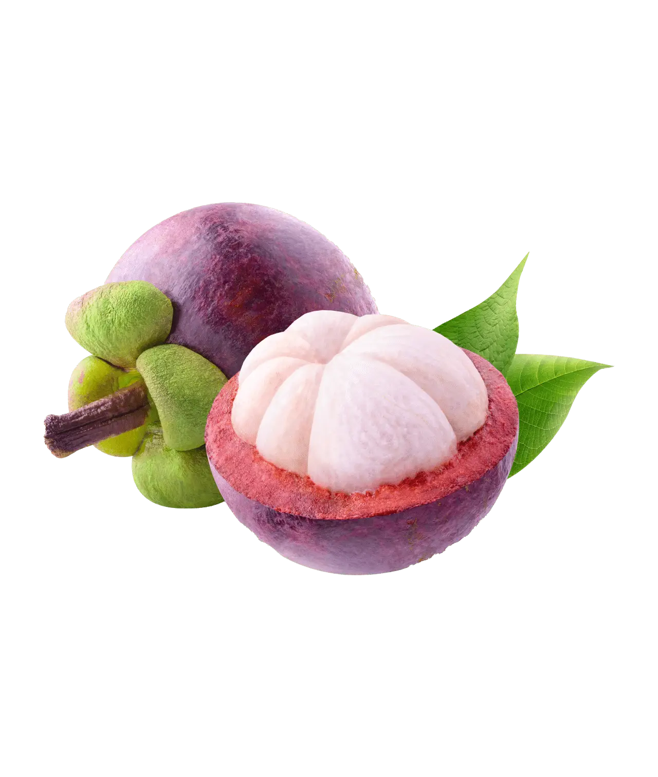 Mangosteen halved, revealing white segments; rests on dark background with leaves.