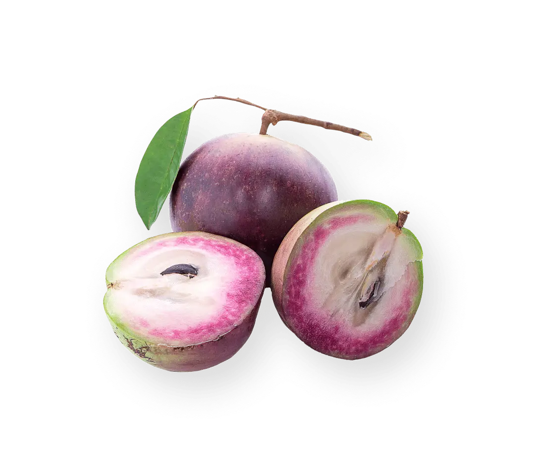 Three star apples, halved and whole, rest on a dark background.