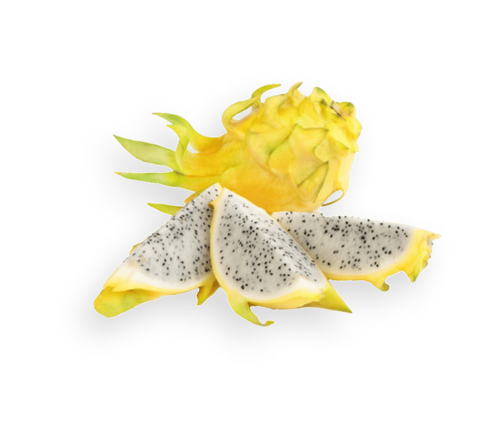 Yellow dragon fruit sits atop sliced pieces against a green background.
