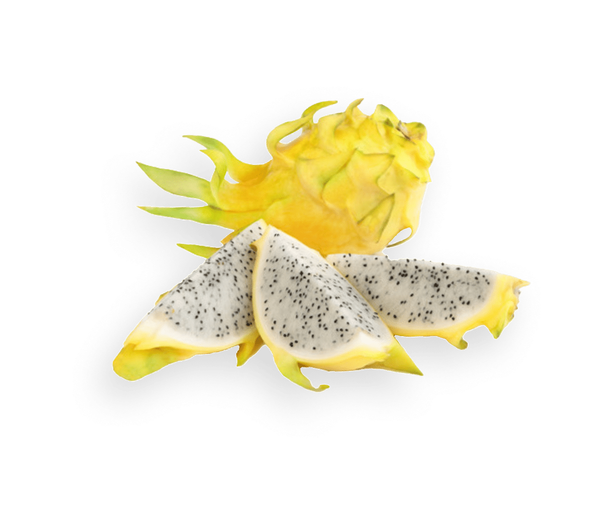 Yellow dragon fruit sits atop sliced pieces against a green background.