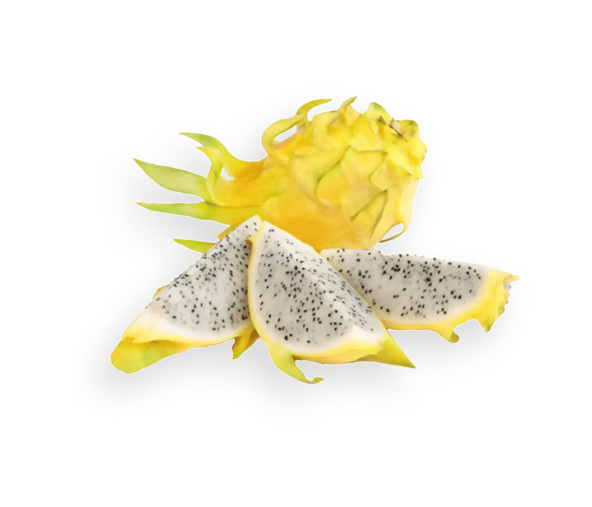 Yellow dragon fruit sits atop sliced pieces against a green background.