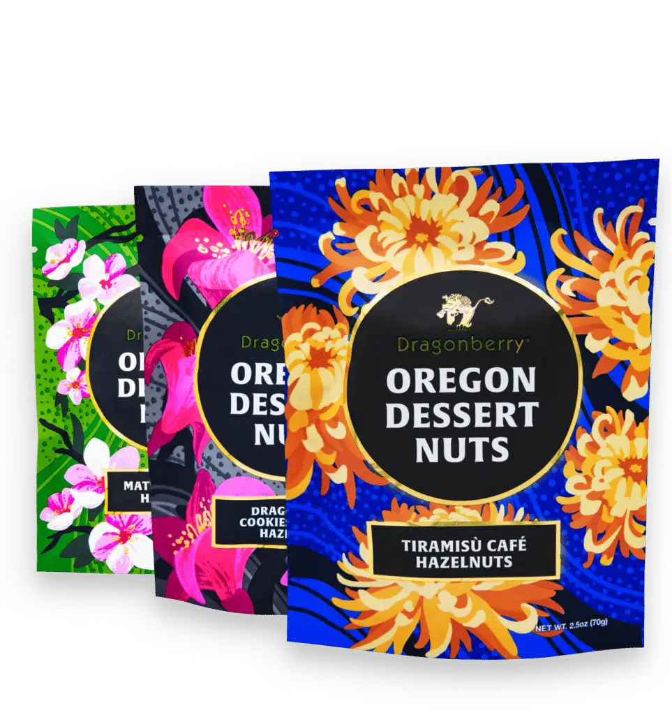 Three nut pouches display; floral designs, product names, and weights are featured.