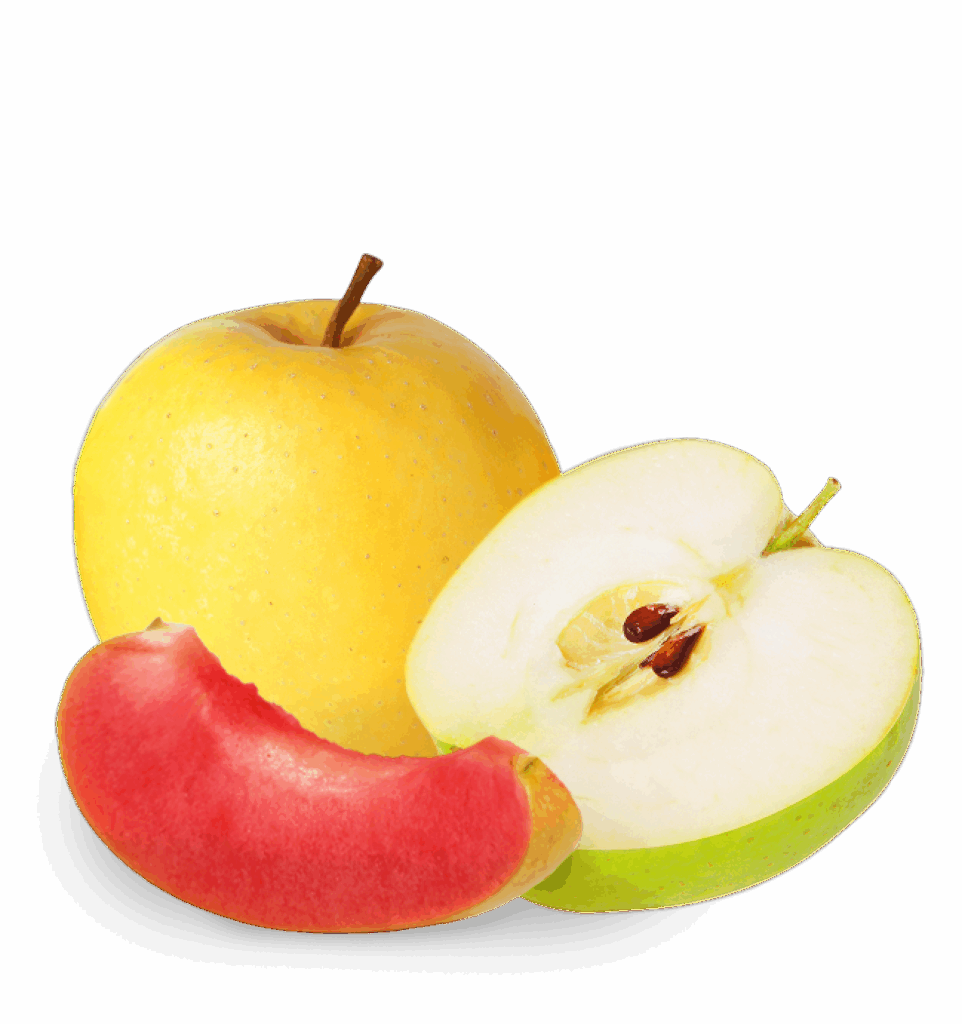 Apples rest on black background; one yellow, one green-half, one red-partial.