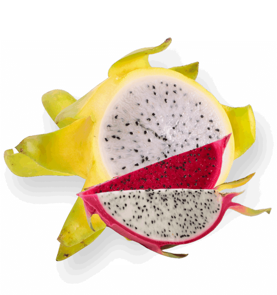 Yellow and red dragon fruit halves lie on a dark green background.