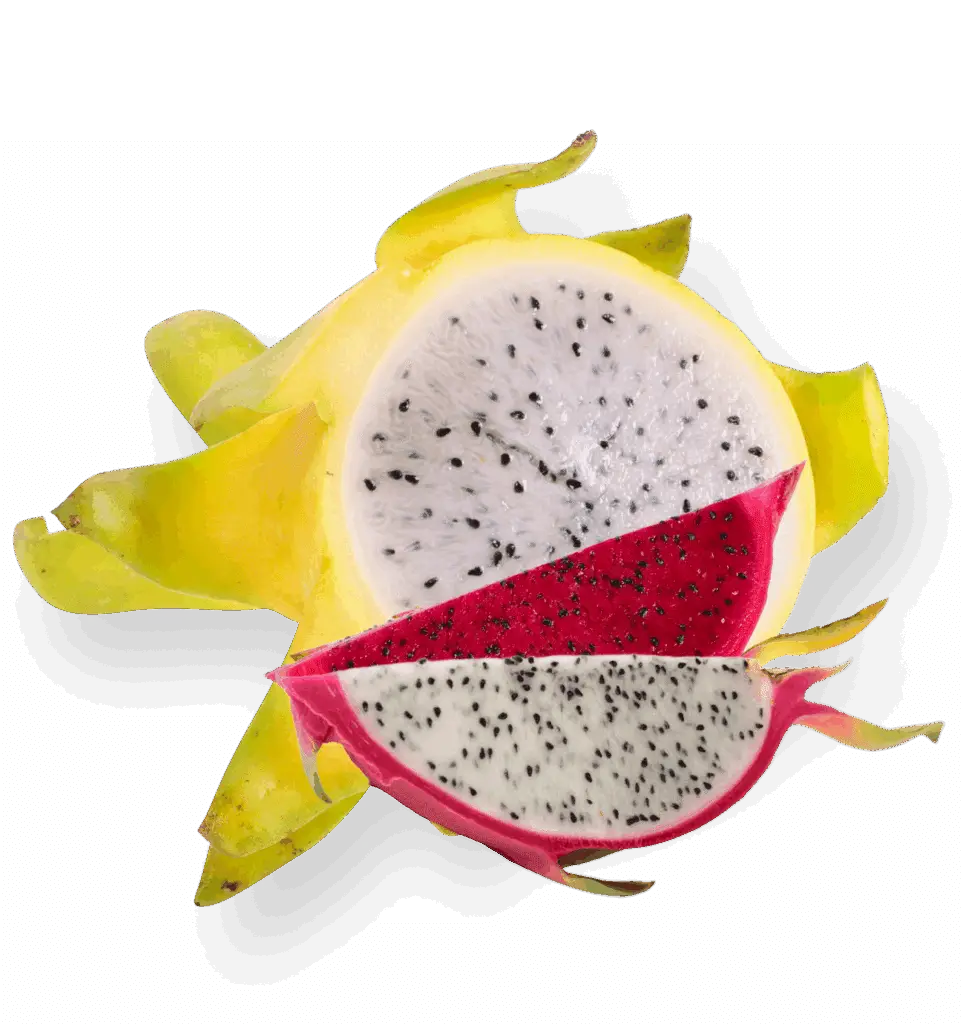 Yellow and red dragon fruit halves lie on a dark green background.