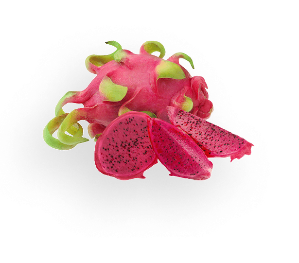 Dragon fruit sliced against black background.