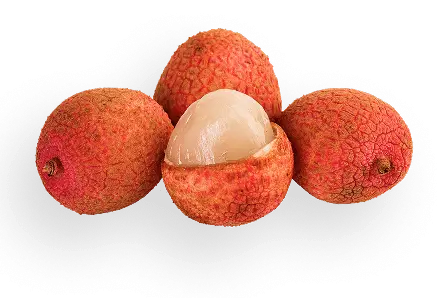 Lychees rest on dark surface; one is opened, revealing its white flesh.
