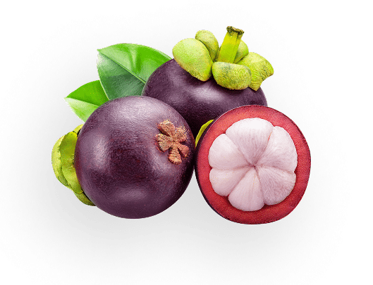 Mangosteens rest on a dark background; one is halved, revealing its white flesh. Green leaves are present.