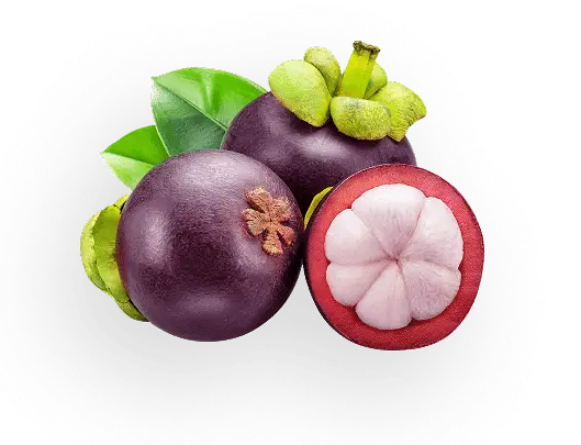 Mangosteens rest on a dark background; one is halved, revealing its white flesh. Green leaves are present.